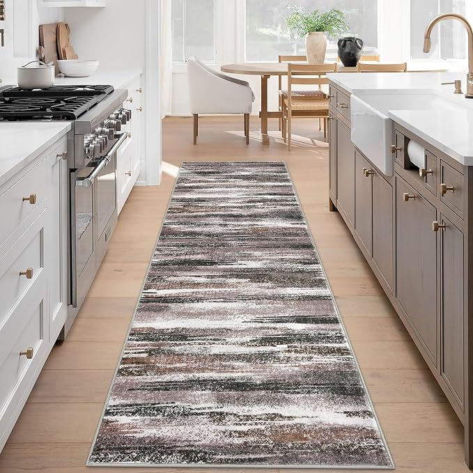Lansny Modern Abstract Runner Rug 3x8, Dark Light Brown White Washable Kitchen - Image 2