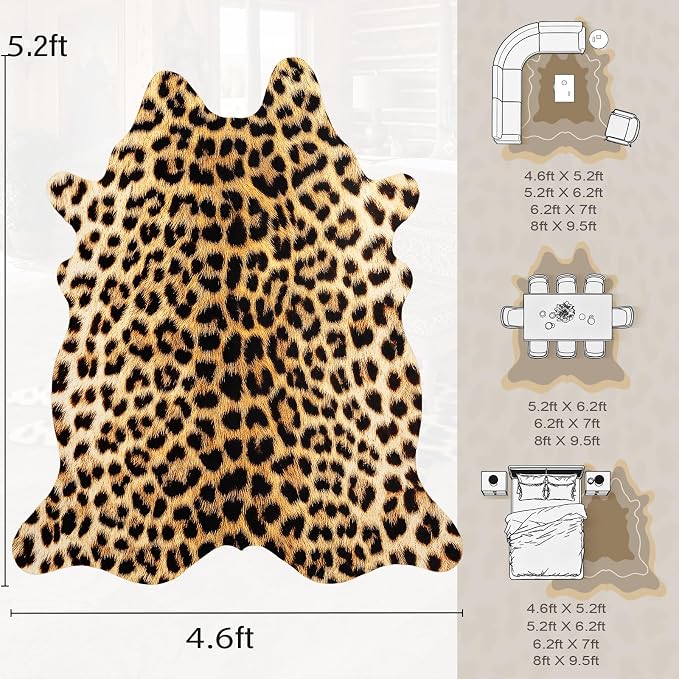 AROGAN Western Decor Faux Fur Leopard Rug, 4.6 x 5.2 Feet Premium Animal Skin - Image 2