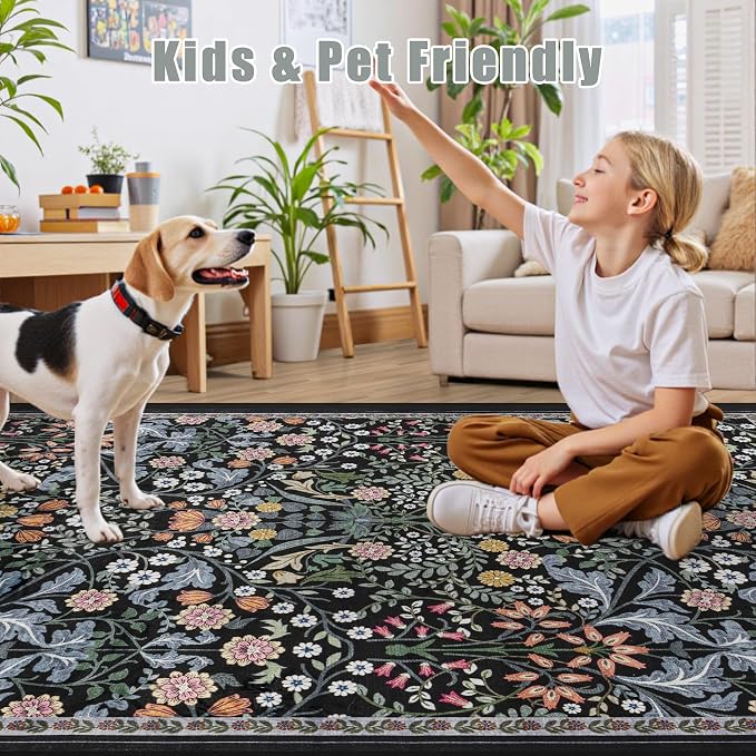 PLHXFR 6x9 Area Rug Living Room: Floral Washable Boho Carpet Dark Black | - Image 8