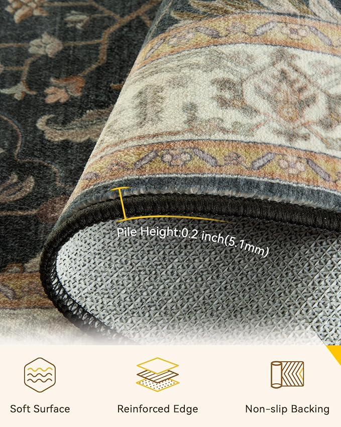 Area Rugs 5'x7' Washable Non-Slip, Floral Vintage Distress Print Pattern - Image 4