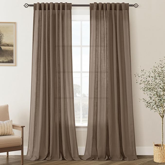 Chocolate Brown Linen Curtain 108 inch Length 2 Panels Back Tab Light Filtering by Jolilight