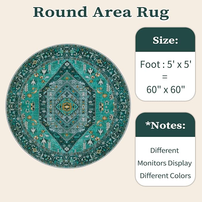 SERISSA Boho Round Area Rug, 5ft Washable Non-Slip Circle Rug, Ultra Soft - Image 6