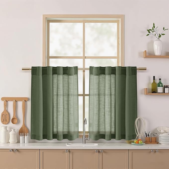 Nanspring Olive Green Linen Curtains 30 Inch Length Short Kitchen, Semi Sheer by Nanspring