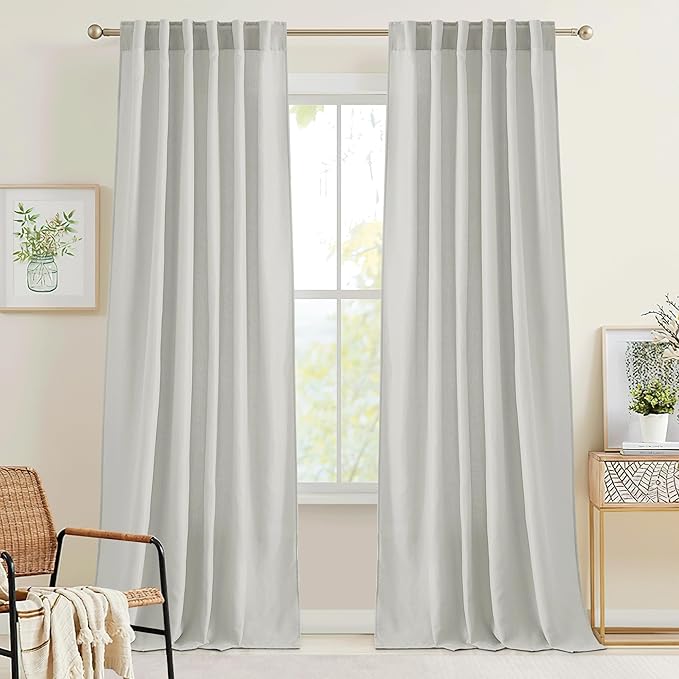 RYB HOME Grey Linen Sheer Curtains & Drapes, Back Tab 95 inches Easy Sliding by RYBHOME