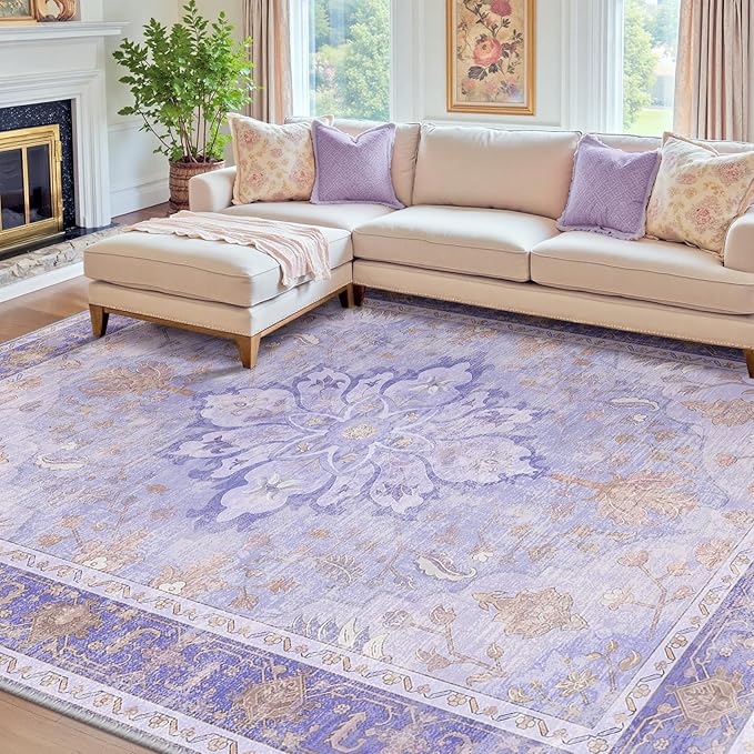 Area Rugs 8'x10' Washable Non-Slip, Floral Vintage Distress Print Pattern by RELEANY