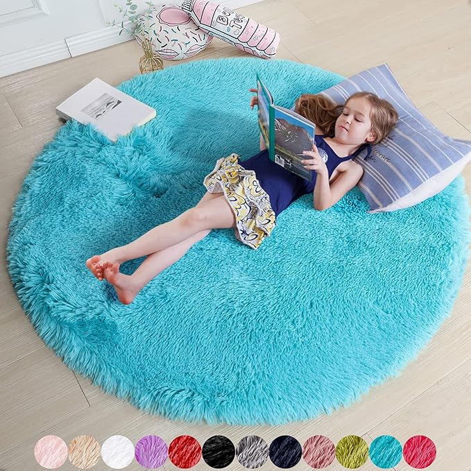 Amdrebio Blue Soft Round Rugs 4Ft by Amdrebio