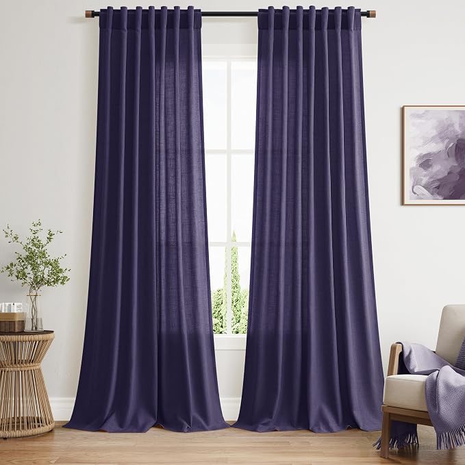 Extra Long Curtain Purple Morden Linen Blend Light Filtering Back Tab Curtains by Nanspring