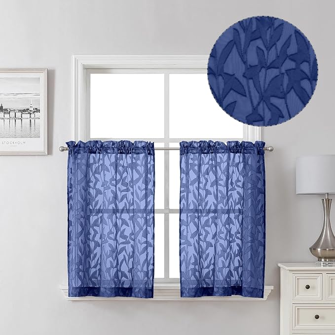 Lecloud Leia Dusty Blue Sheer Kitchen Curtains 30 Inch Length 2 Panels Set by Lecloud