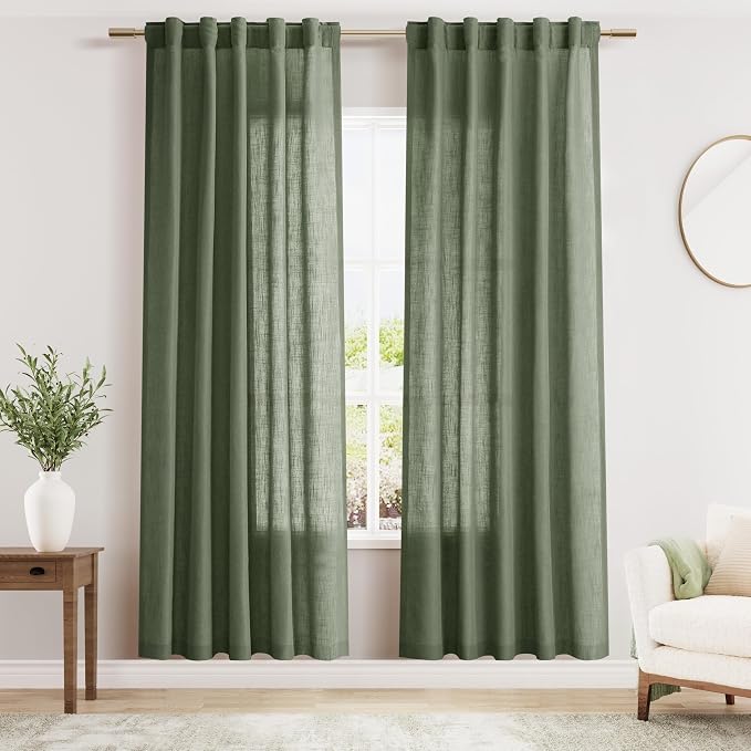 Olive Green Linen Curtains 80 Inch Length 2 Panel Set Back Tab Rod Pocket Semi by Nanspring