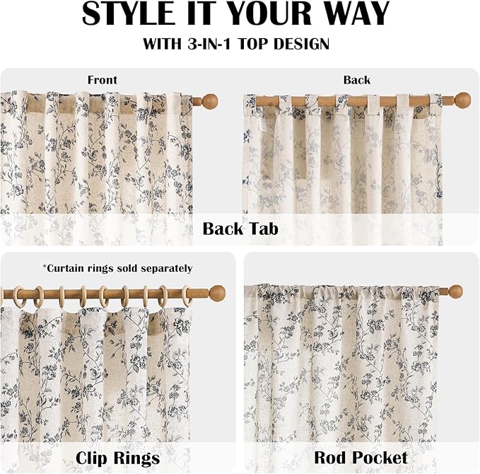 Lazzzy Farmhouse Linen Curtains Black Floral Curtains 96 Inch Length Back Tab - Image 5