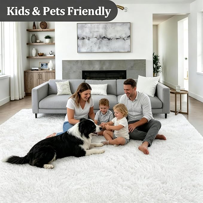 Area Rug Living Room Bedroom: 6x9 Fluffy Plush Shag Carpet Ivory | - Image 4