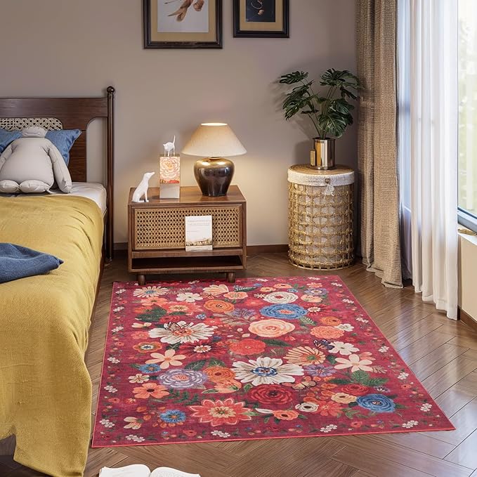 Area Rug 4x6 Rug Washable Boho Rugs Non Slip Low Pile Floral Small Carpet - Image 6