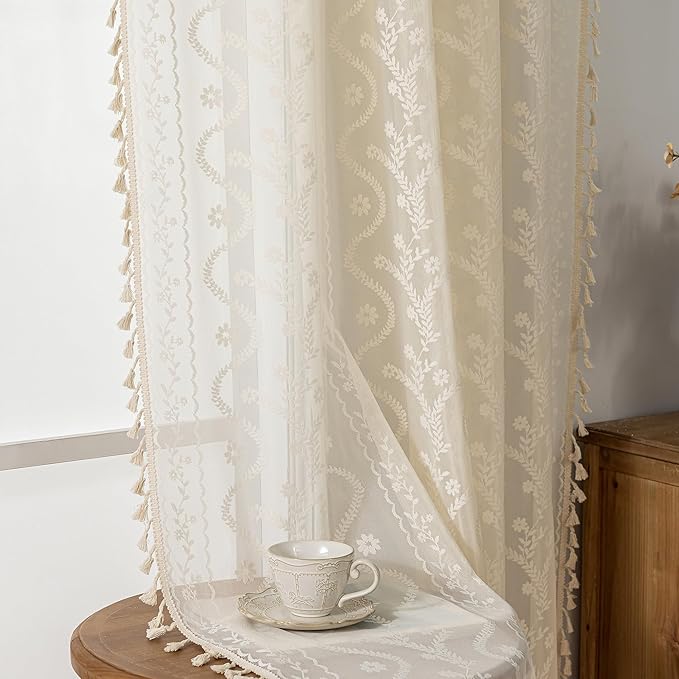 WAZZIO Boho Lace Curtains 2 Panels 84 Inches Long-Cute Vintage Victorian Sheer - Image 6