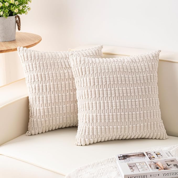 Pack of 2 Corduroy Decorative Throw Pillow Covers 18x18 Inch Soft Striped by Unknown