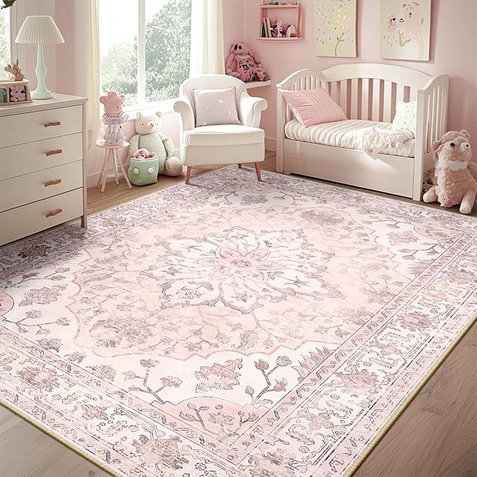 Area Rugs 6'x9' Washable Non-Slip, Floral Vintage Distress Print Pattern - Image 2
