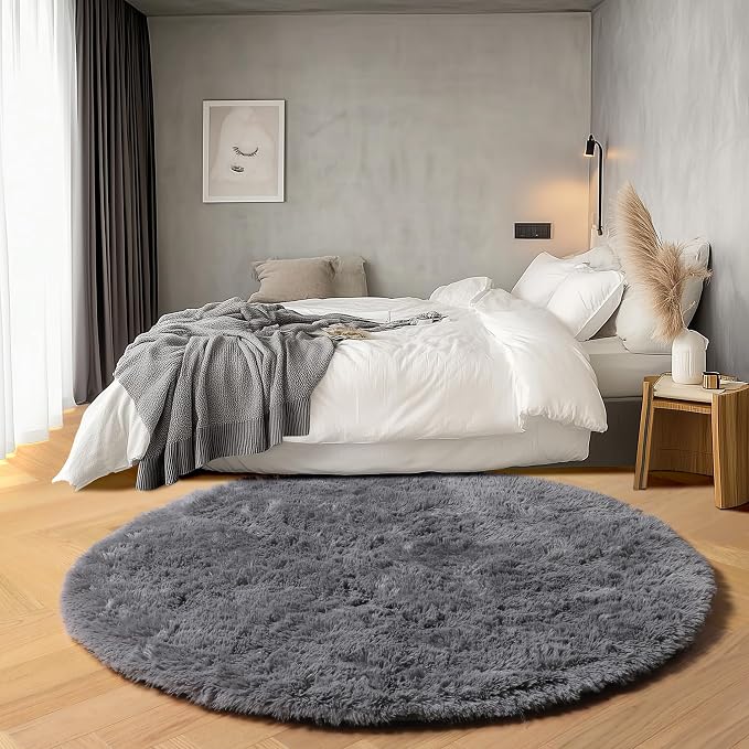ONASAR Grey Round Area Rugs 5ft, Fluffy Plush Shaggy Carpet - Image 4