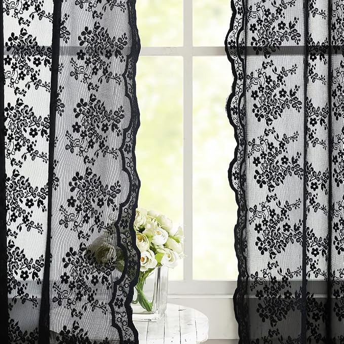 YJ YANJUN Vintage Lace Curtains 63 Inch Length-Victorian Floral Pattern Black - Image 2