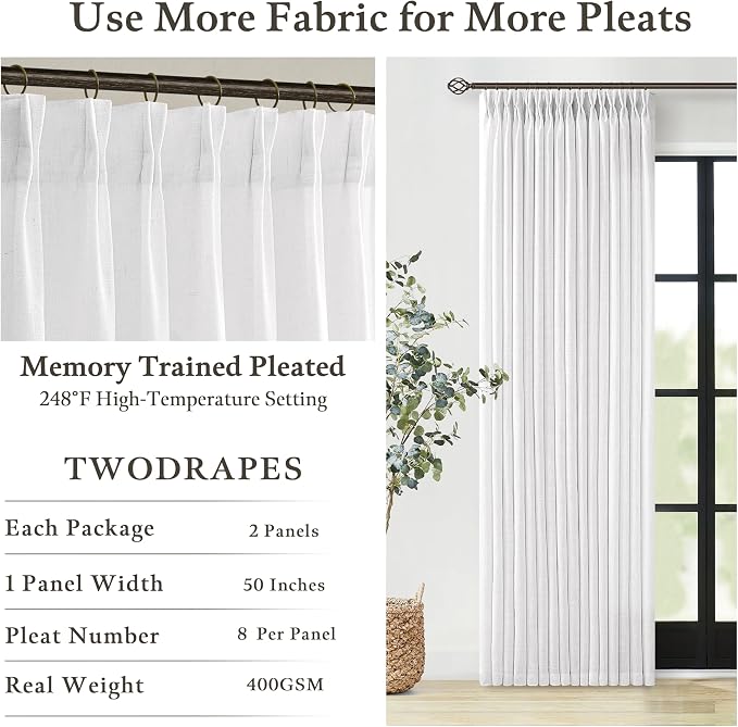 Extra Long Semi Sheer Pinch Pleat Linen Modern Curtains Snow White 50Wx120L | - Image 4
