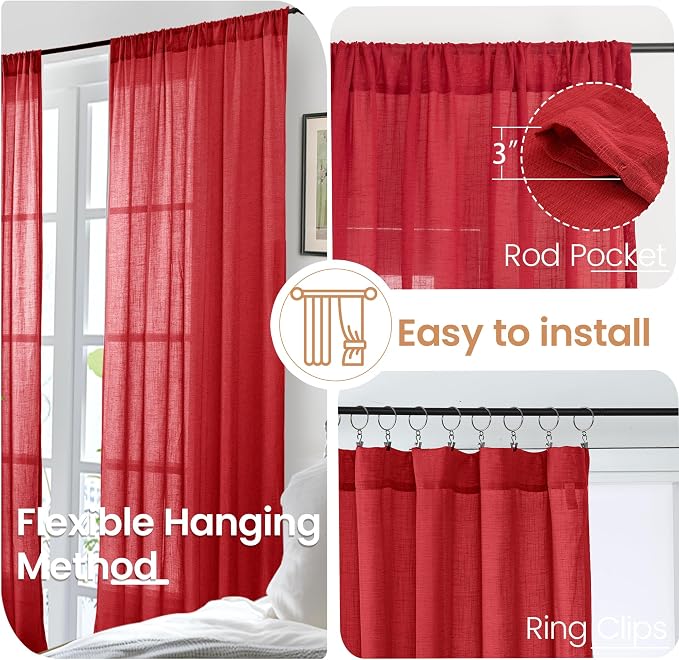 BGment Red Linen Semi Sheer Curtains - Image 6
