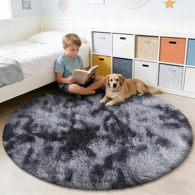Tie-Dyed Black Fluffy Round Rug, Soft Area Rugs - Image 5