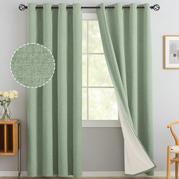 Yakamok Light Sage Green Linen Curtains 100% Blackout 90 Inches Long, Room by Yakamok
