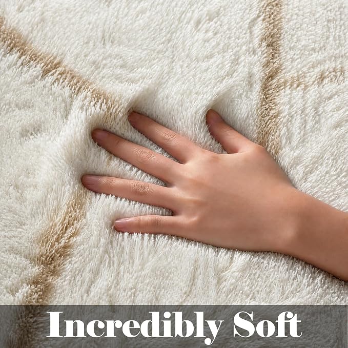 Area Rugs for Bedroom Living Room, 4x6 Fluffy White and Beige Geometric Rug | - Image 2