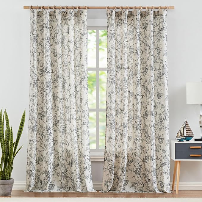 jinchan Floral Curtains 108 Inch Length Black Flower Linen Farmhouse Curtain - Image 2