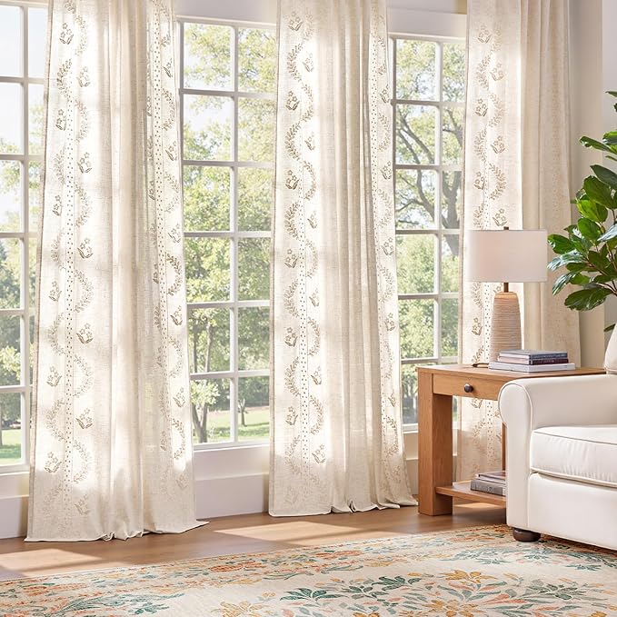 jinchan Belrose Linen Curtains for Bedroom Floral Curtains 90 Inch Length Linen - Image 3