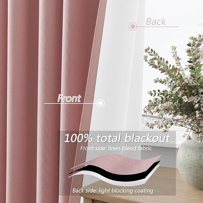 Guken Pink 100% Blackout Linen Curtains 120 Inch 2 Panels Set - Image 4