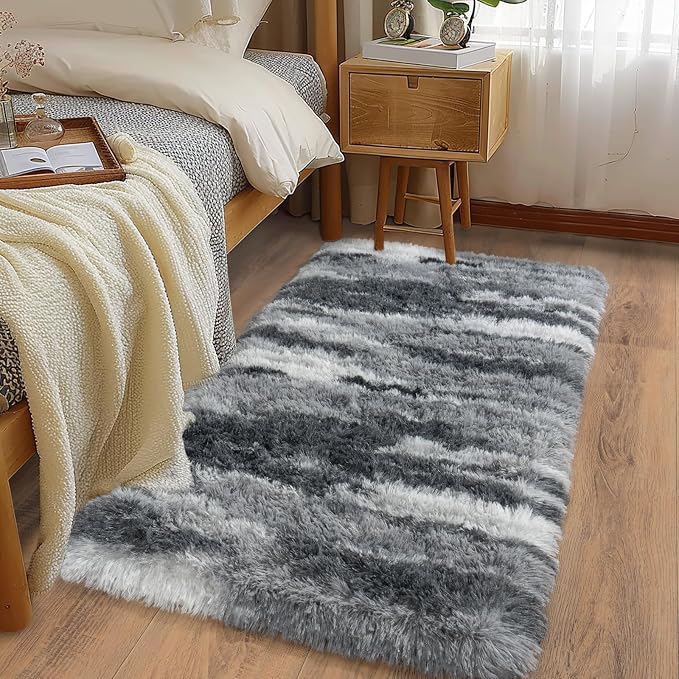 Soft Runner Rugs for Bedroom Hallways, 2x4 Abstract Grey Fluffy Shag Throw Area - Image 2