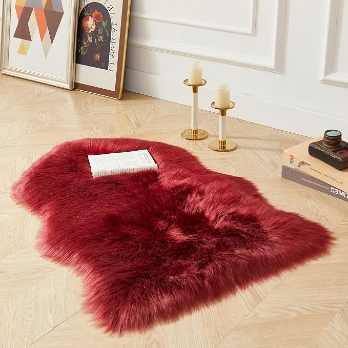 AMTOVO Faux Fur Rug, Burgundy Small Area Rug, Fluffy Sheepskin Rug, Fuzzy Ultra - Image 3