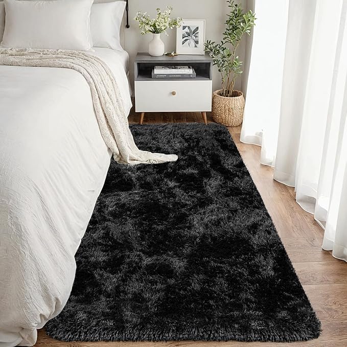 2x6 Bedside Area Rugs for Bedroom: Soft Fluffy Shag Black Rug for Hallway by CarpetAddColortoYourLife