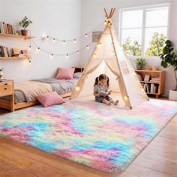 Ophanie Rainbow Colorful Rugs for Living Room 5x8, Unicorn Fluffy Shag Fuzzy - Image 5