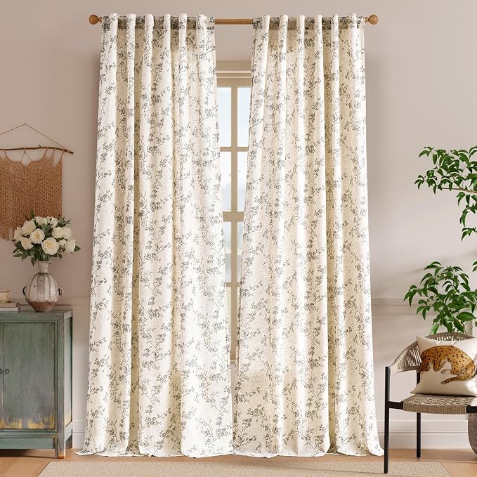 Lazzzy Farmhouse Linen Curtains Extra Long Gray Floral Curtains 108 Inch Long - Image 2