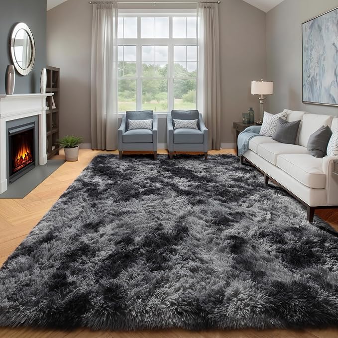 ONASAR Area Rugs 9x12 Living Room, Tie-Dyed Dark Grey Large Fluffy Bedroom Rug - Image 5