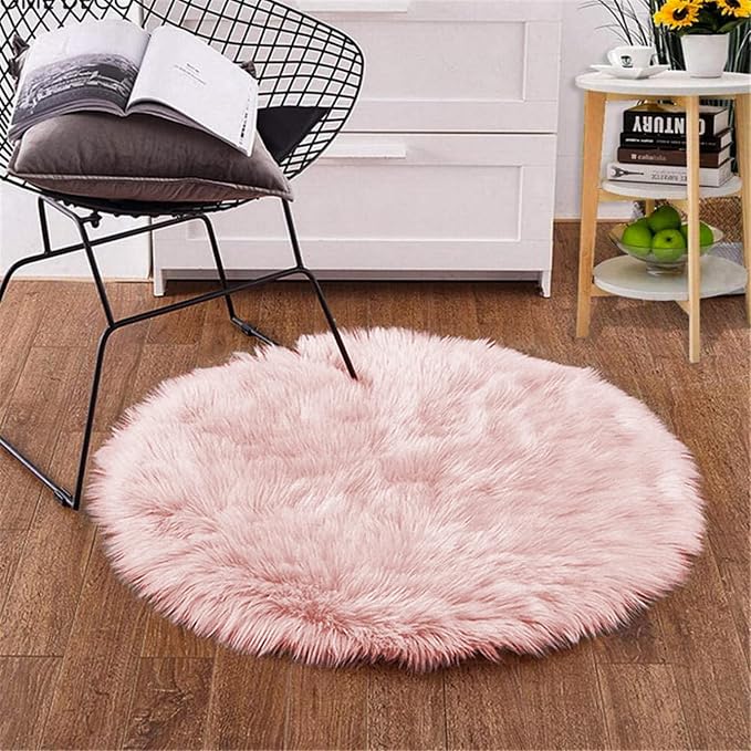 Goolela Pink Round Rug for Girls Bedroom Fluffy Circle Rug 3ft Faux Fur Rug for - Image 2