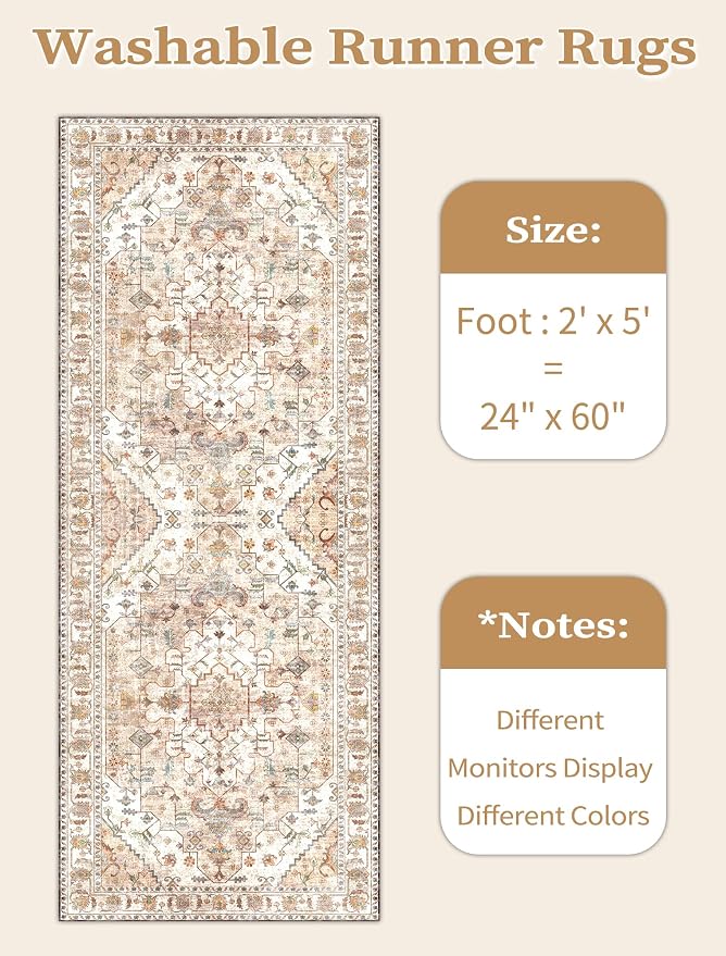SERISSA Boho Washable Runner Rug, 2x5 Non-Slip Vintage Peach Cream Hallway - Image 6