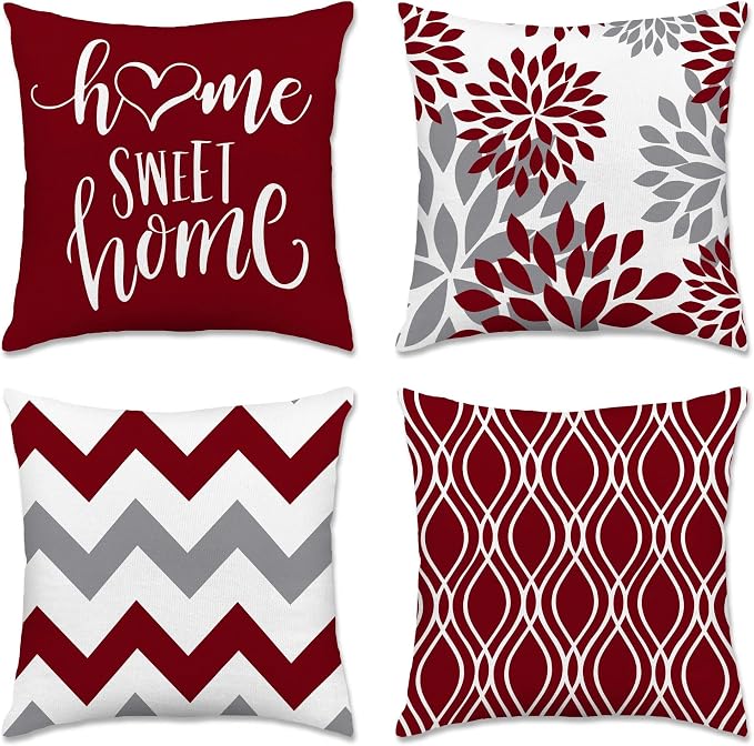 Hexagram Geometric Burgundy Pillow Covers 18x18 Set of 4, Decorative Outdoor by Hexagram