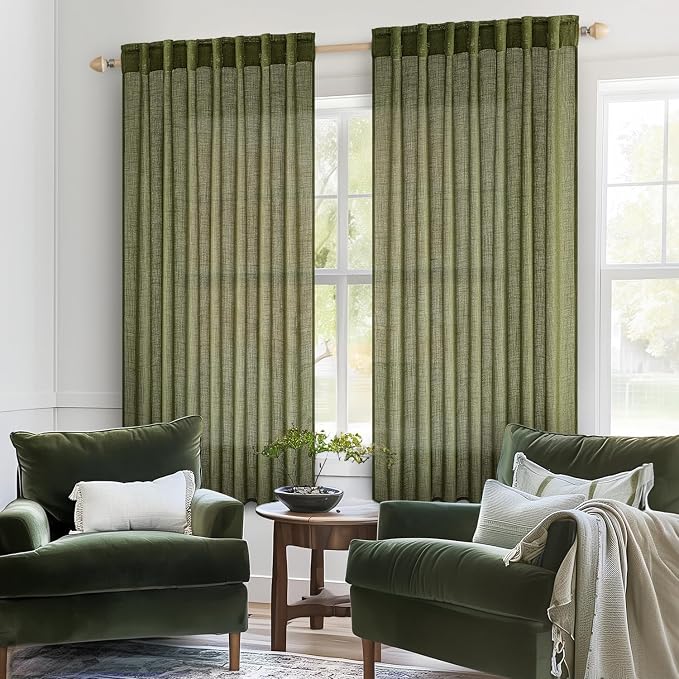MIULEE Light Olive Green Linen Curtains 63 Inch Length 2 Panels - Image 2