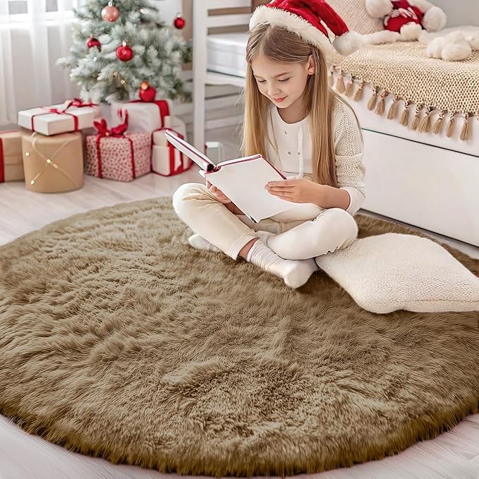 OLANLY Taupe Round Rugs for Bedroom by OLANLY