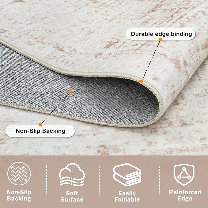 5x8 Washable Area Rug for Living Room Bedroom: Non-Slip Modern Beige White | - Image 4