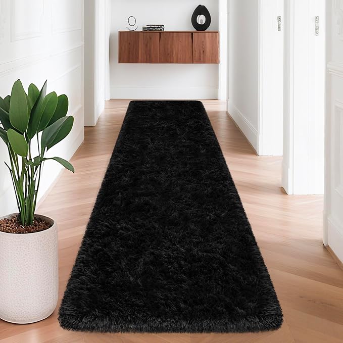 2x8 Bedside Area Rugs for Bedroom Soft Fluffy Shag Black Rug for Hallway by JiaoBaba