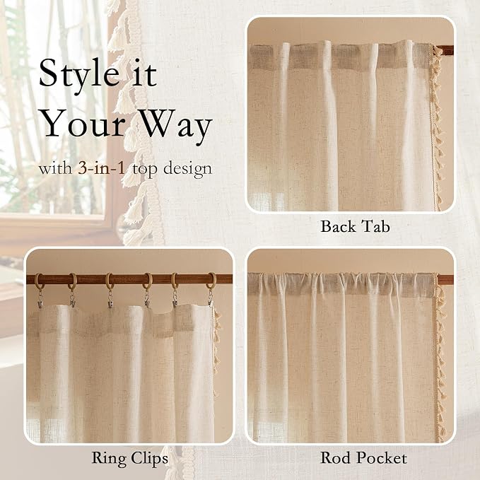 MYSKY HOME Bohemian Linen Sheer Macrame Curtains 72 Inch Length, Back Tab - Image 3