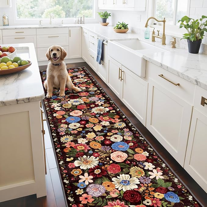Floral Hallway Runner Black/Brown Carpet Non-Slip, 2x10 Washable Rug Ultra-Thin by WelcometoBabovid