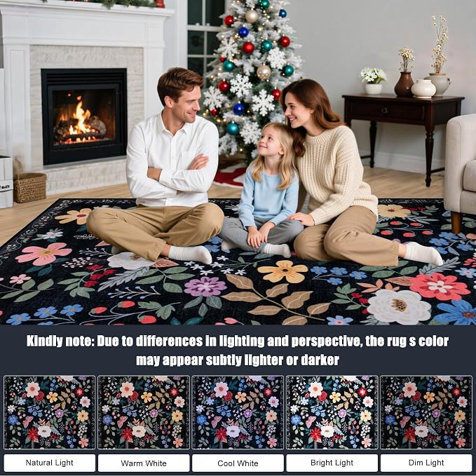 Round Area Rug for Living Room: 6 ft Floral Washable Circle Rug Soft Boho - Image 9