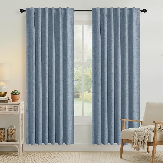 RYB HOME Smoky Blue 100% Blackout Linen Curtains 72 inch Long, Thermal by RYBHOME