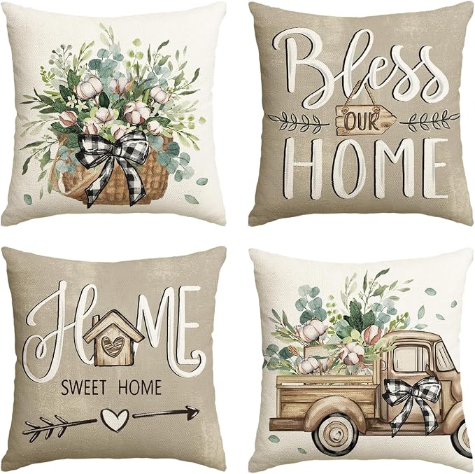 AVOIN Colorlife Bless Our Home Farmhouse Eucalyptus Leaves Throw Pillow Covers by AVOINcolorlife