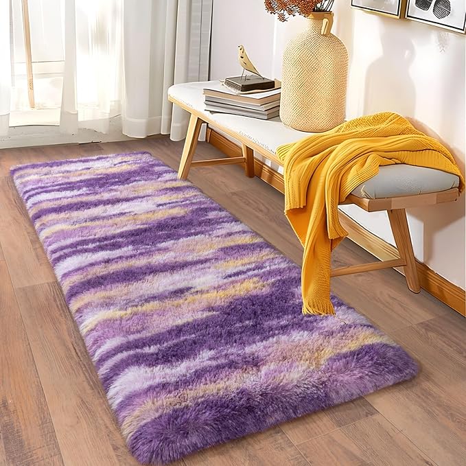 Soft Runner Rugs for Bedroom Hallways, 2x6 Abstract Purple Fluffy Shag Throw - Image 3