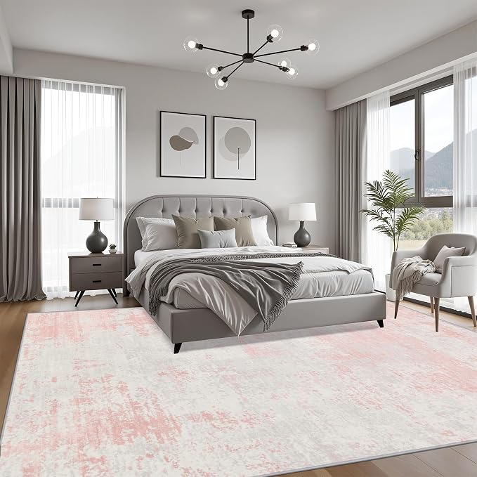 5x8 Area Rug Living Room: Modern Washable Soft Carpet Pink White | - Image 4