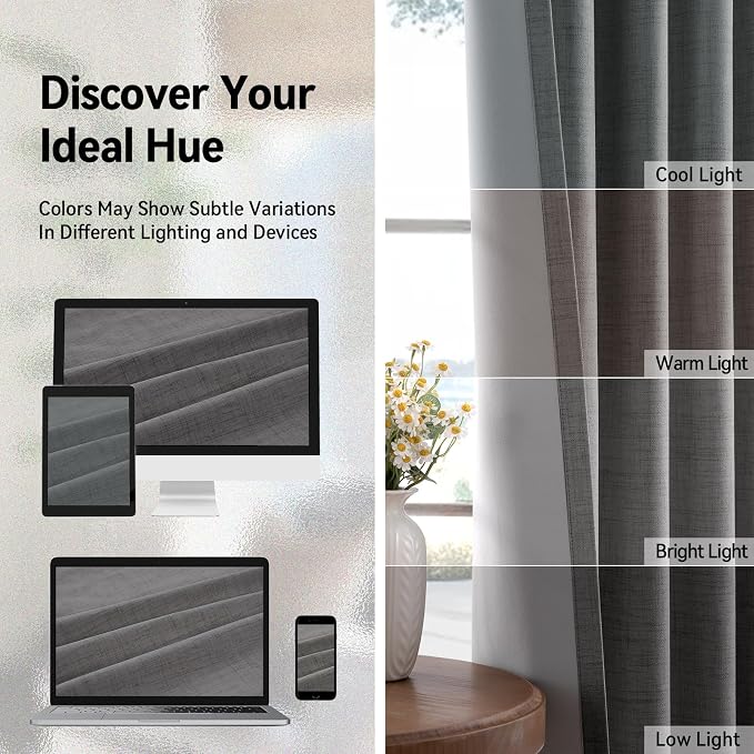 100% Blackout Linen Textured Curtains 63 Inch Long, Dark Gray | 100% Blackout - Image 6